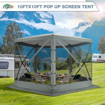 Hoteel 10x10ft Pop-up Gazebo Camping Canopy Tent with 5 Sides Mosquito Netting, Waterproof, UV Resistant, Portable Screen House Room, Outdoor Party Tent with Carry bag, Ground Spike, Brown